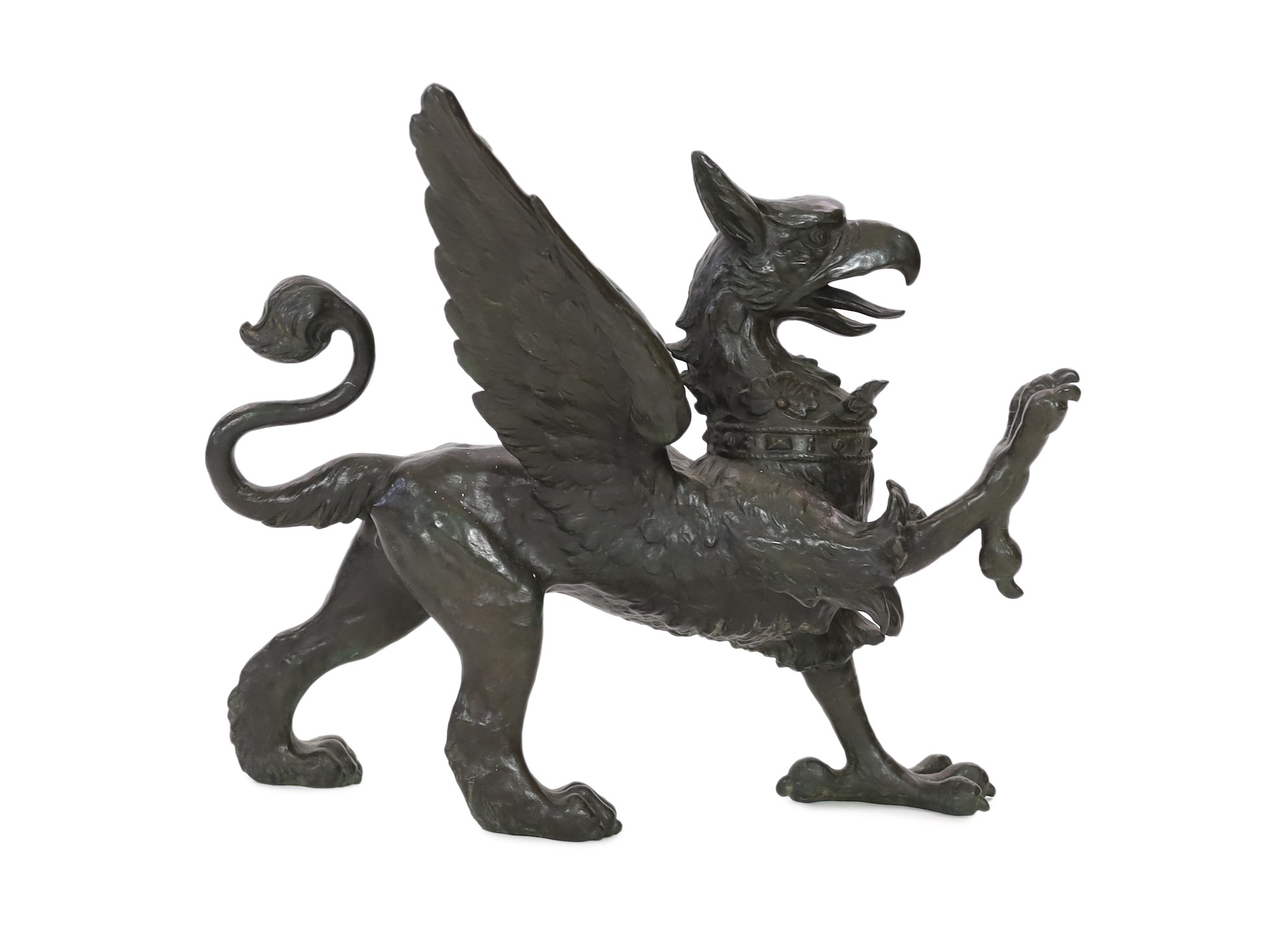 A 19th century bronze model of a griffon, length 58cm, height 45cm